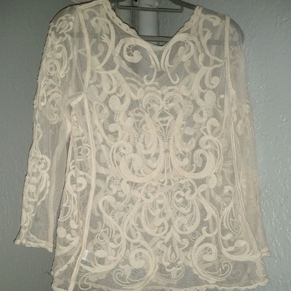 Ivory Sheer Mesh Lace Vintage Boho Blouse Cream Stretch Top Feminine Bohemian M - Picture 6 of 8